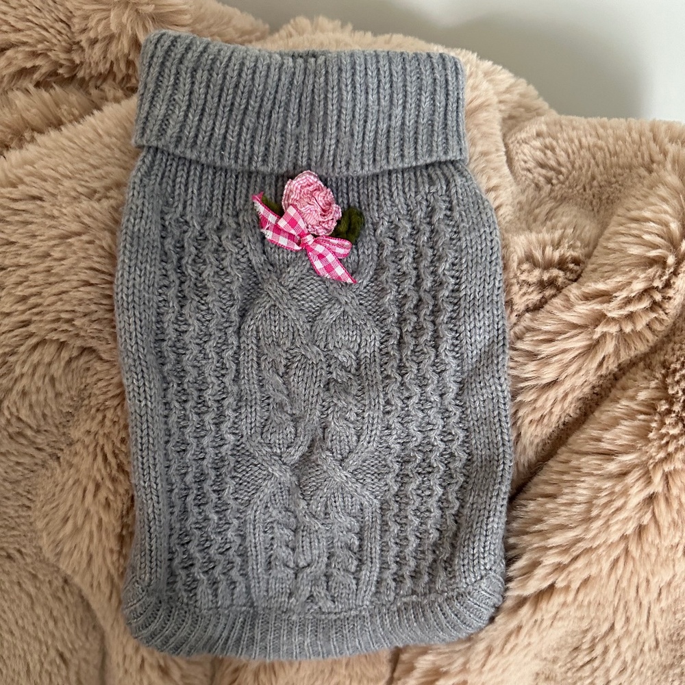 Dog Sweater Grey Cable Soft Knit with Pink Flower and Bow - Size XS